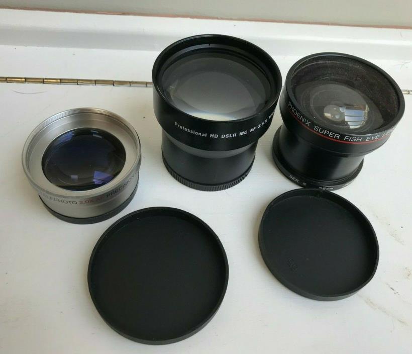 Lot of 3 58mm Lenses Phoenix Super Fish Eye 0.25x 3.5x Telephoto Opteka 2.0x