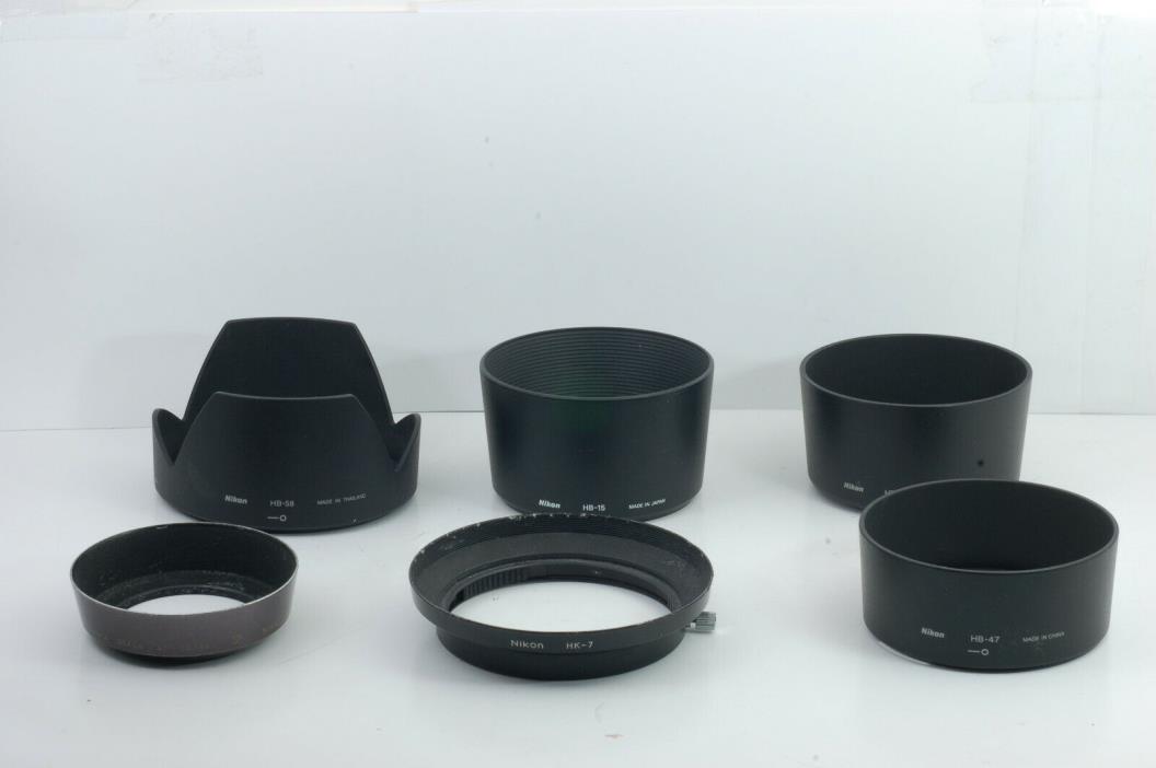 Lot of 6 Nikon lens hoods, 4 Modern, 2 Vintage HB-58 HB-47 etc.. Good condition!