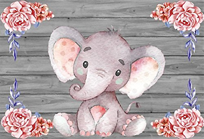 LFEEY 5x3ft Little Pink Elephant Photo Backdrop Flowers Decor Wooden Wall Cloth