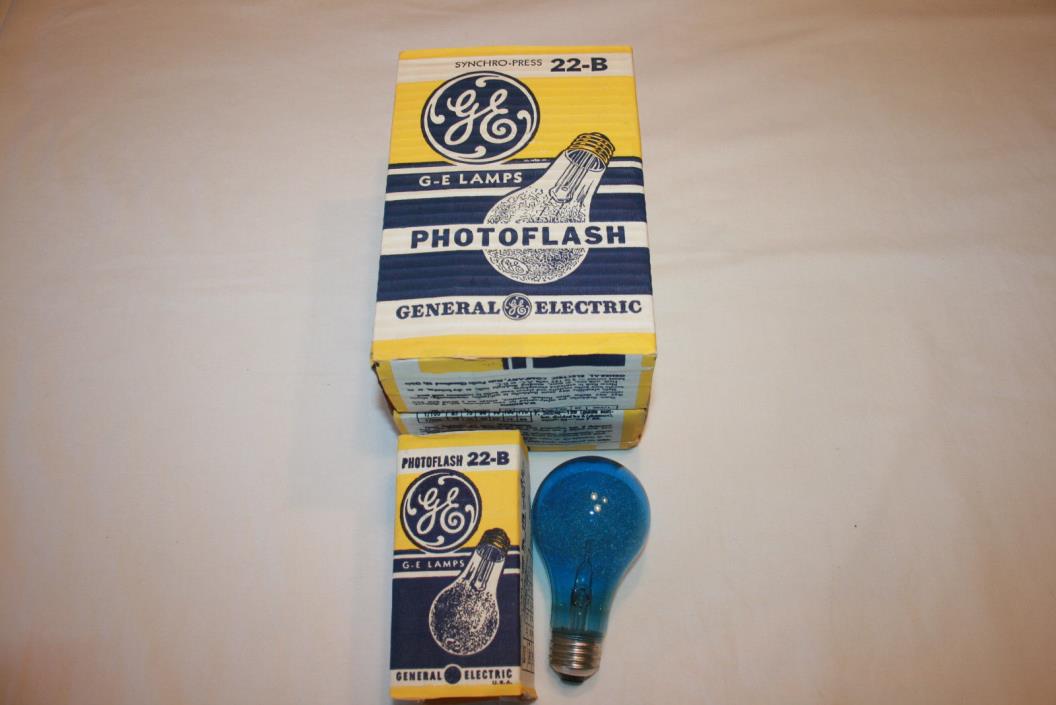 Box 6 Vtg GE Photoflash Syncro-Press 22-B AC Light Bulb Size Flash Bulbs Blue