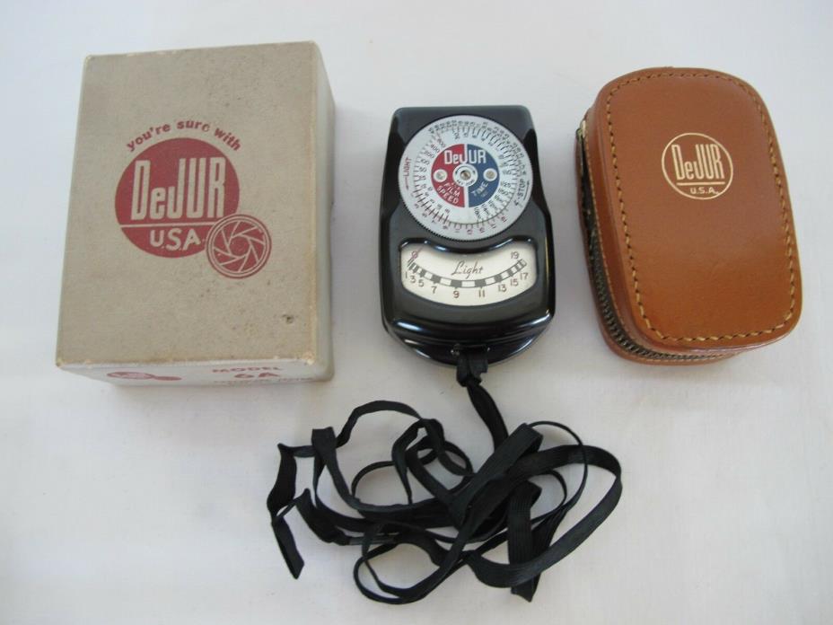 Vintage DeJur Model 6A Exposure Meter with Case Box and Strap Light Meter