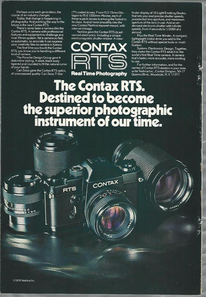 1976 CONTAX Camera advertisement for CONTAX RTS 35mm SLR camera, Yashica ad
