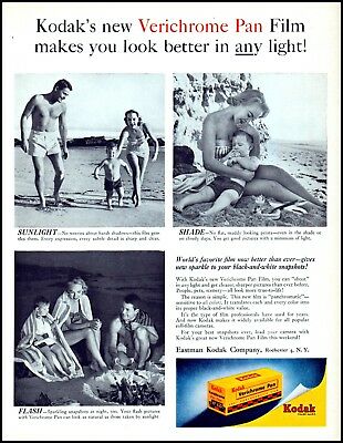 1956 Kodak Verichrome Pan Film Family Day At The Beach Photo Print Ad  adl30