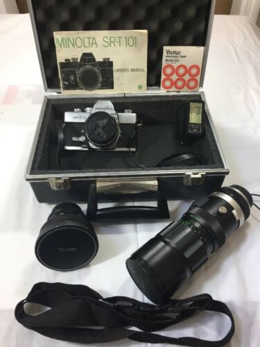 Vintage Minolta SRT 101 Vivitar Soligor Camra Lense Flash Lot W/Case See Details