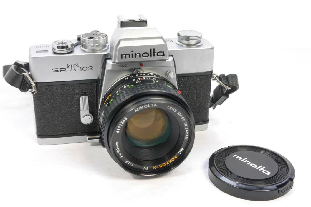 MINOLTA SRT 102 35mm SLR Film Camera w/ Rokkor-X 50mm 1.7 WORKING TESTED VGUC