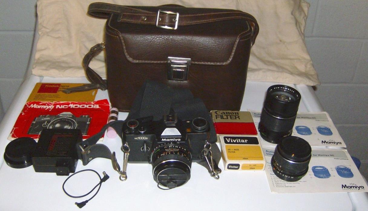 VINTAGE MAMIYA NC1000S 35mm CAMERA WITH 3 MAMIYA LENS,FLASH,CASE & MANUAL GC