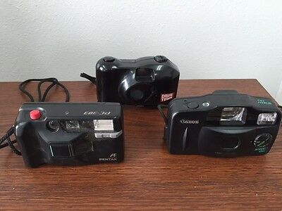 Vintage 35 mm cameras Lot of 3 (Canon Snappy LXII, Pentax PC-30, Quarterback)