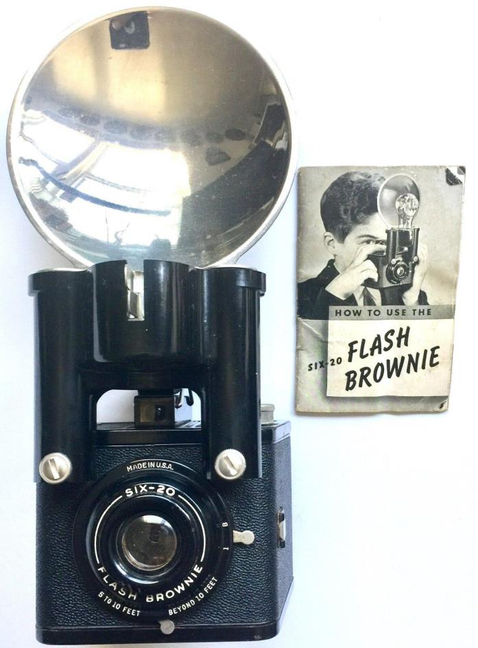 VINTAGE 1950's KODAK FLASH BROWNIE SIX-20 BOX CAMERA & FLASHOLDER UNIT & MANUAL