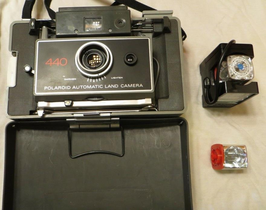 Vintage POLAROID 440 Camera w/ 490 Focused Flash, Case, Instructions, etc - MINT