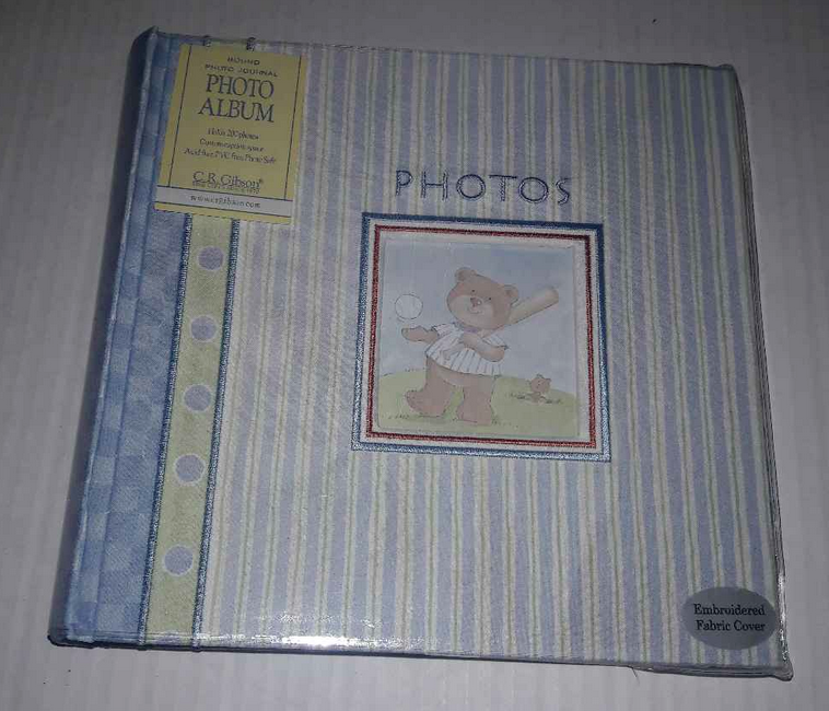 Baby Boy Blue Bound Photo Album Teddy Bear Striped Fabric/Embroidered 200 photos