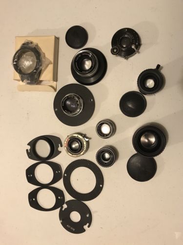 Lot of 8 Enlarging Lenses, 2 Camera Lenses, 7 Lens Boards