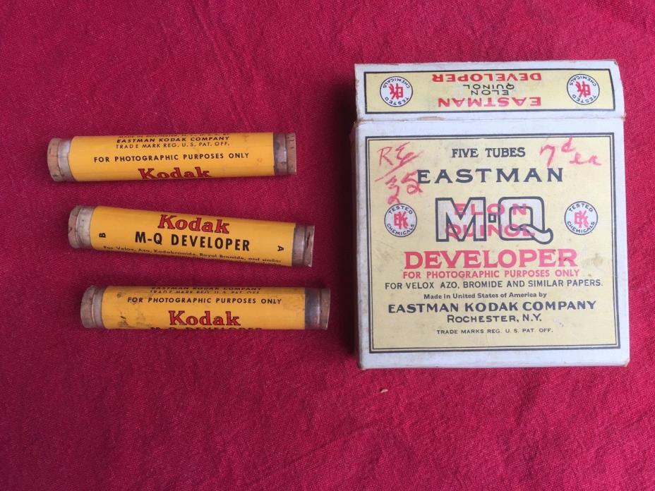 Eastman Kodak box of M-Q Developer, 3 tubes left, vintage Elon Quinol