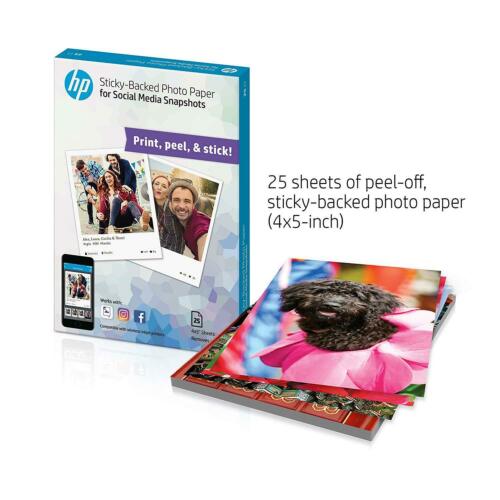 HP Photo Paper, Sticky Back Social Media Snapshots, (4x5 inch), 25 sheets