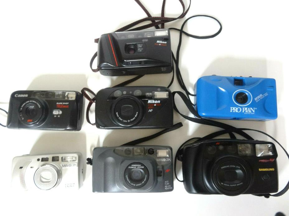 Lot of 7 point and shoot 35mm film cameras -UNTESTED as-is Nikon, Canon, Minolta