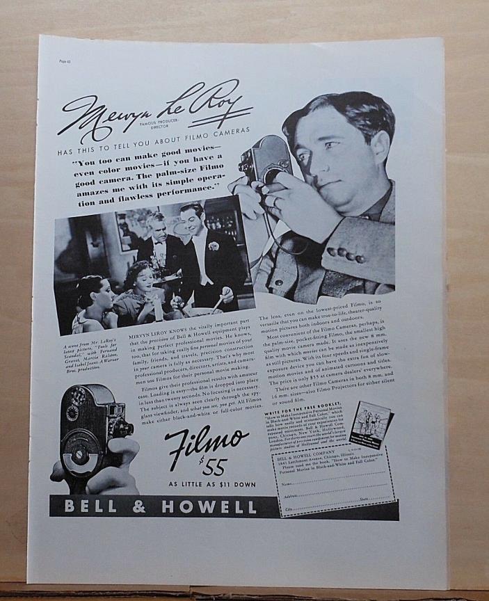 1938 magazine ad for Bell & Howell Filmo movie cameras - Director Mervyn LeRoy