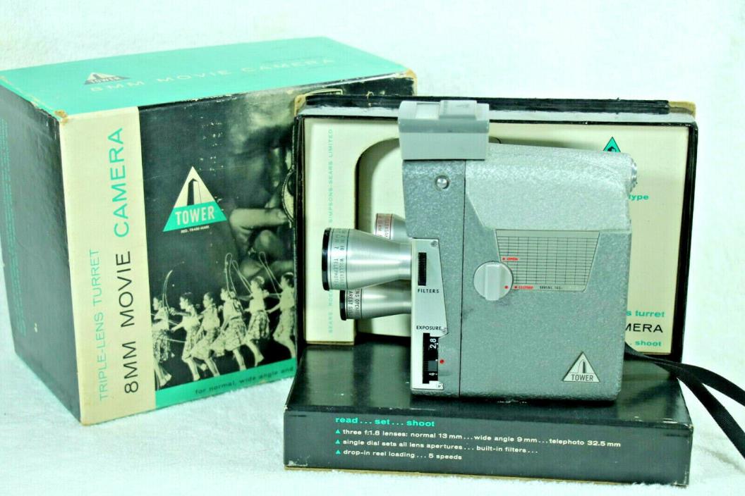 Vintage 1958 Tower Triple Lens 8mm Movie Camera Model T-185  In Original Box