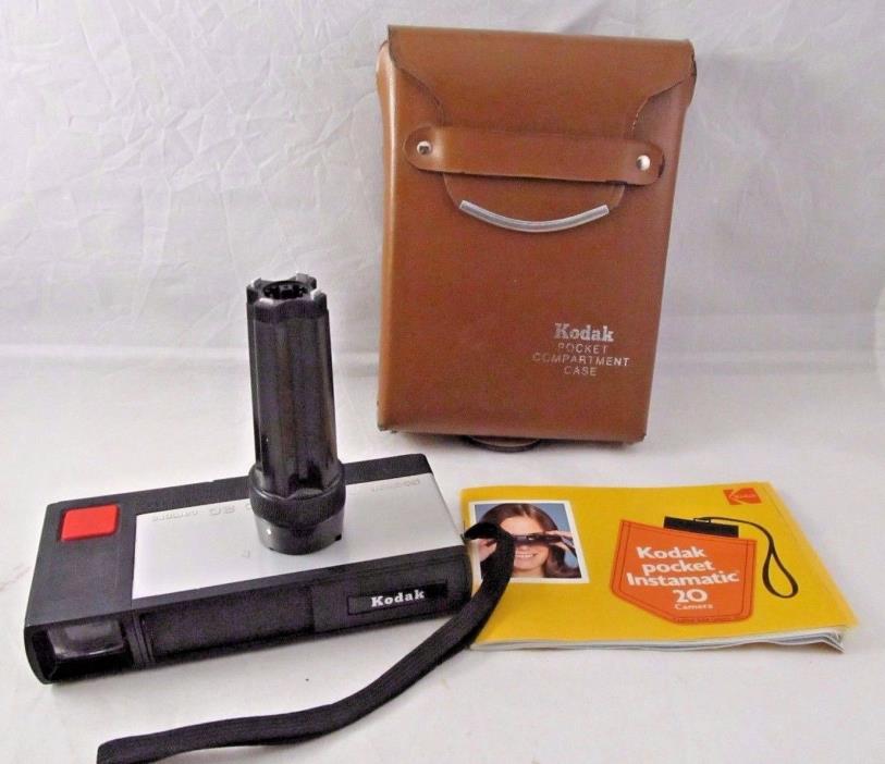 Vntg Kodak Pocket Instamatic 20 Camera w/Leatherette Case, Bulb Extender, Manual