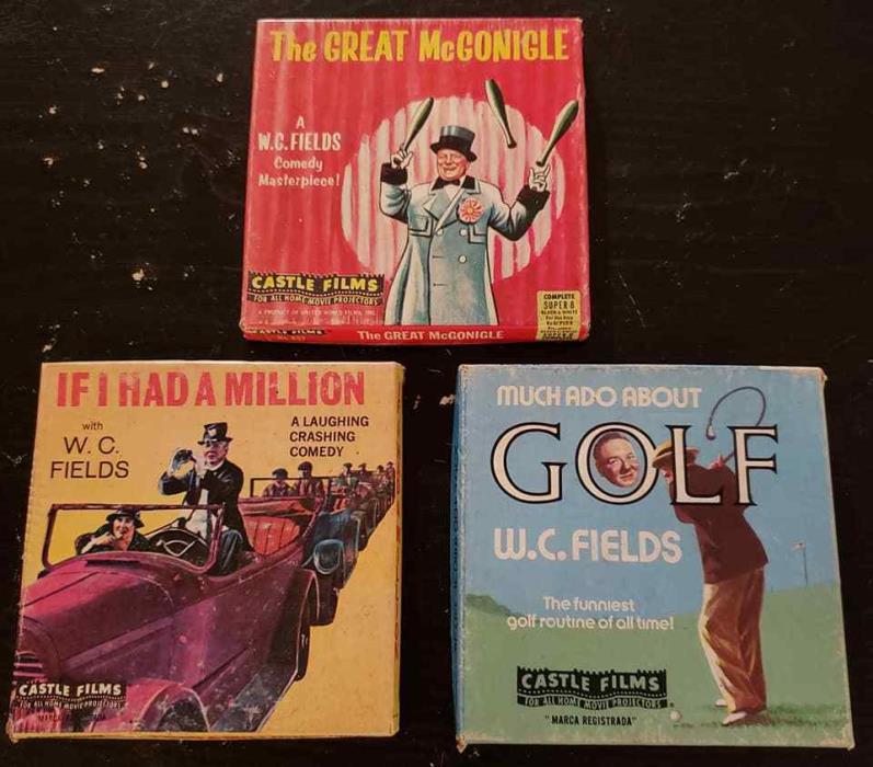 Set of 3 Vintage W. C. Fields Super 8 Movies in Boxes-8mm Reels-Castle Films