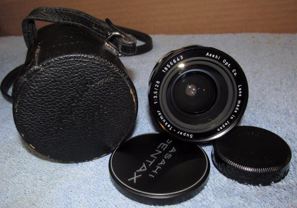 Vtg ASAHI PENTAX 28mm 1:3.5 Film Camera Lens 1856643 Super Takumar w/Case J995