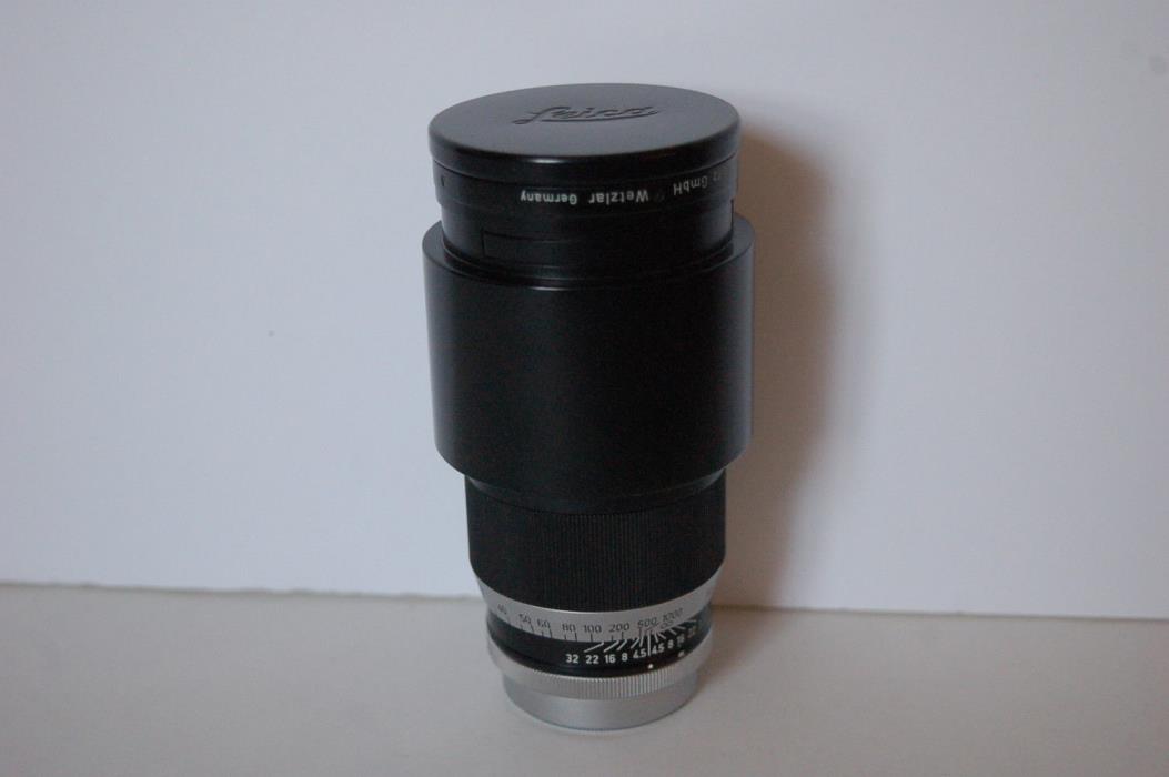 Ernst Leitz Wetzler Leica Telyt  f=20cm 1:4.5 Telephoto Lens w/ Hood, Caps, Case
