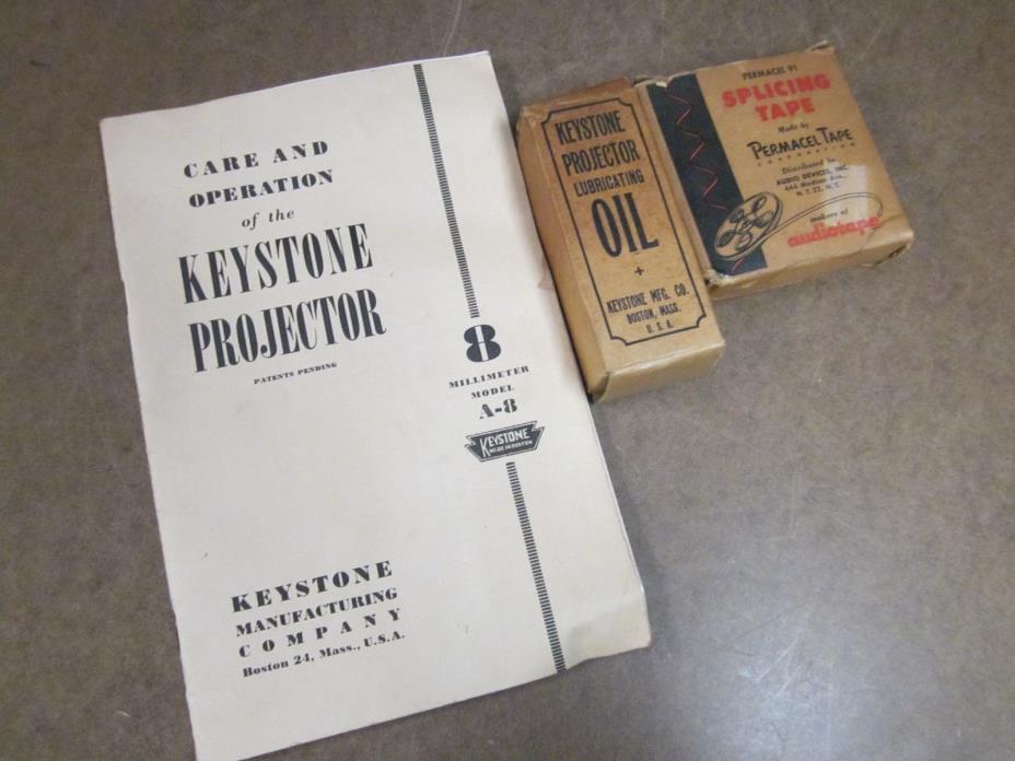 Vintage 8mm Movie  Projector Manual Keystone w/Oil & Splicing Tape