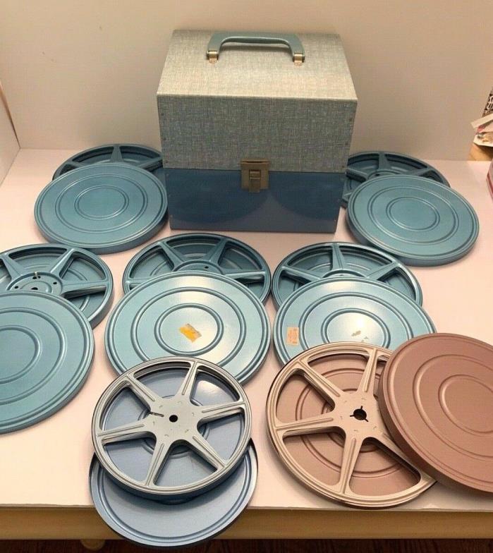 Vintage Blue Metal 8mm Film Chest Storage Case with handle and 7 empty Reels