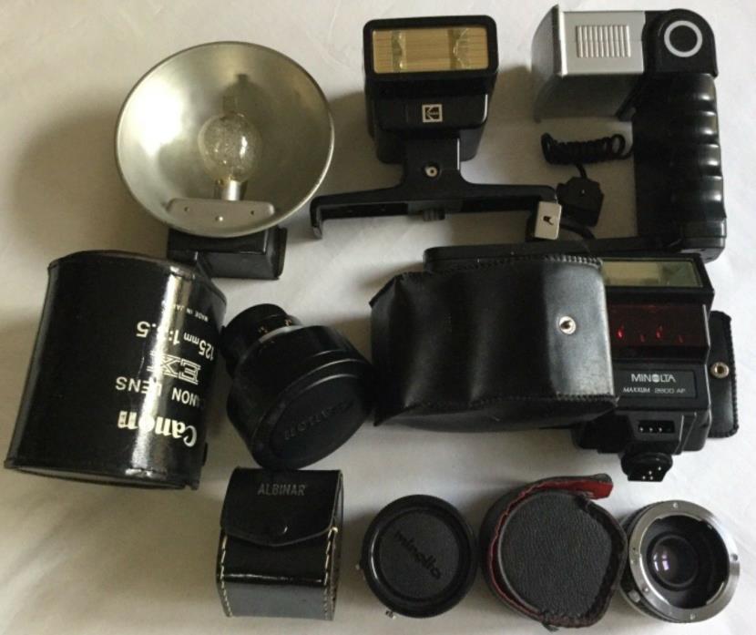 Lot Vintage Camera Lenses & Flashes, Canon, Kodak, Albinar, Pentax - Untested