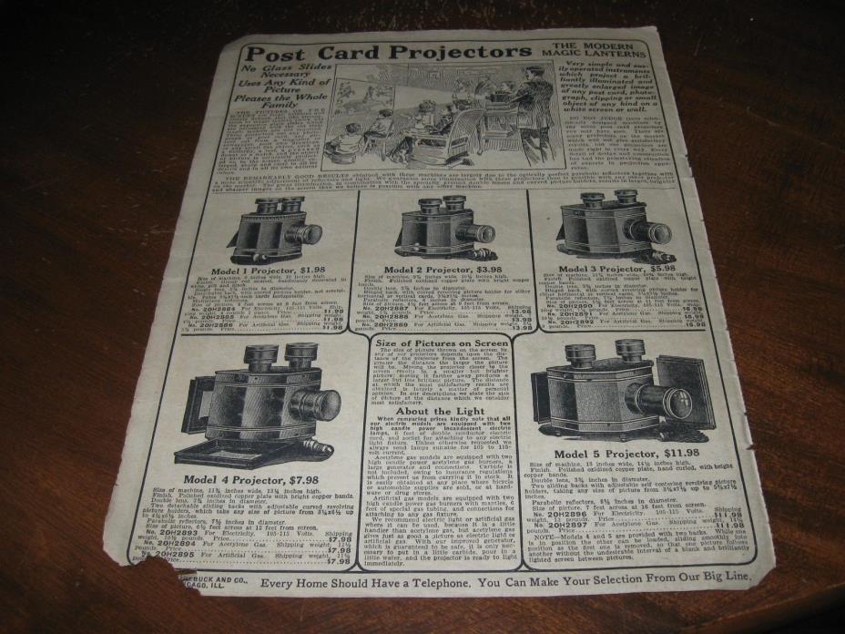 c. 1918 Sears Catalog PAGE - POSTCARD PROJECTOR Magic Lantern w PRICES Etc