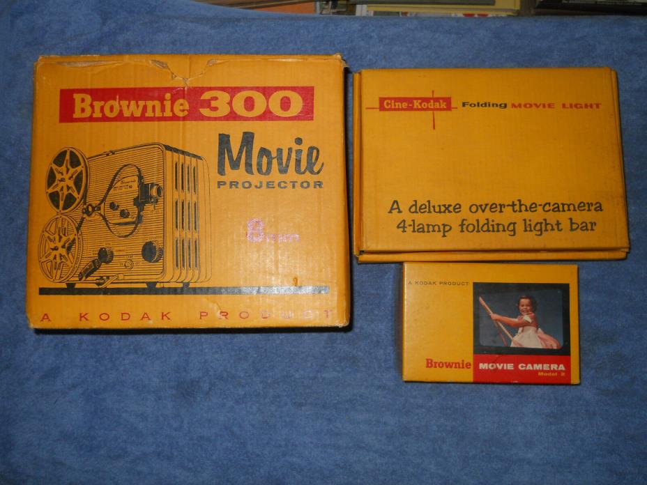 Kodak Lot Brownie 300 8mm Movie Projector & Movie Camera Model 2 & Movie Light