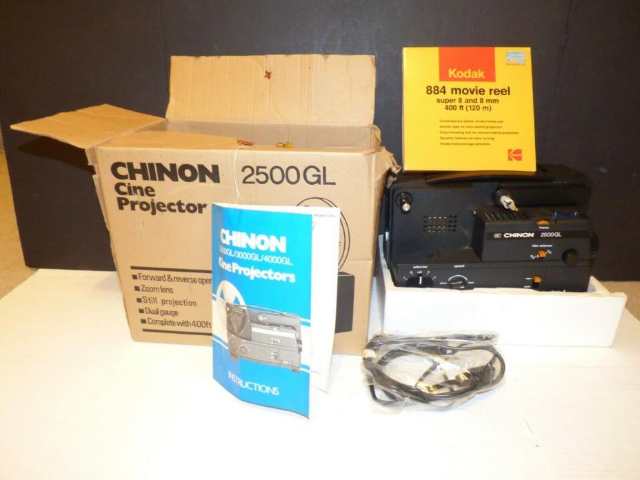 CHINON 2500GL DUAL 8 Super 8 / Reg 8mm Projector Adjustable Speed w/Box+884 Reel