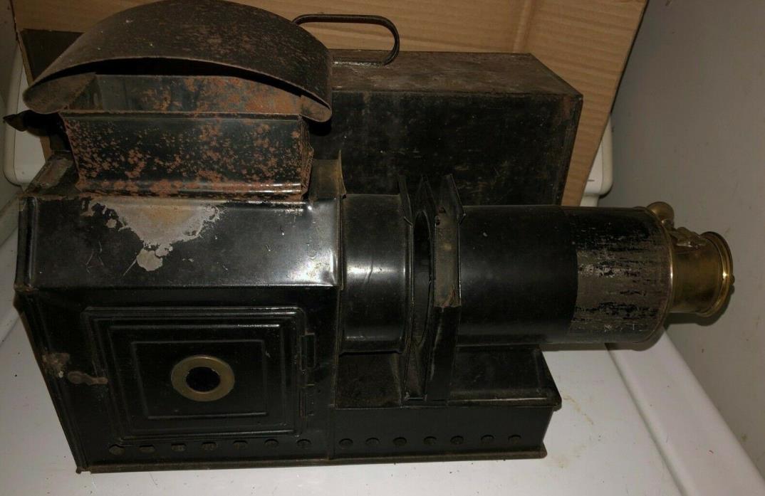 ANTIQUE Magic Lantern Projector With Brass Lens & Lens Cover & Tin Case Chimney