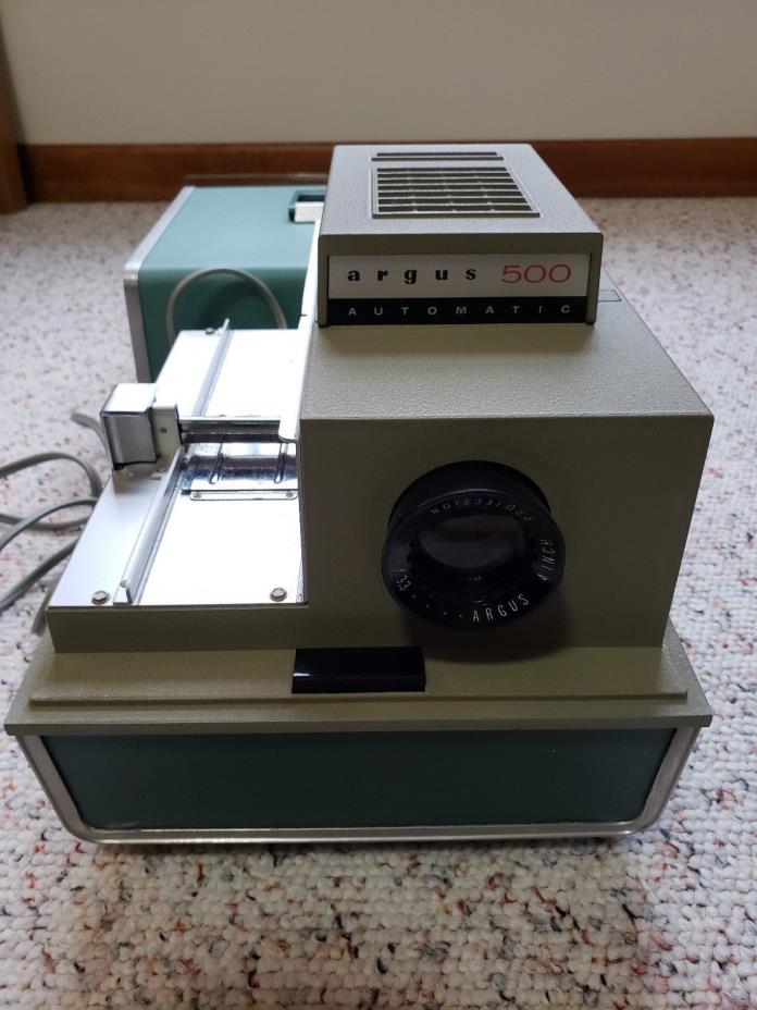 Vintage ARGUS 500 Automatic Slide Projector Model 58 W Case, Blue, Bulb Works