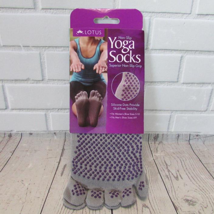 Lotus Yoga Socks Gray Non Slip Grip Purple Silicone Dots Women's Shoe Sizes 5-10