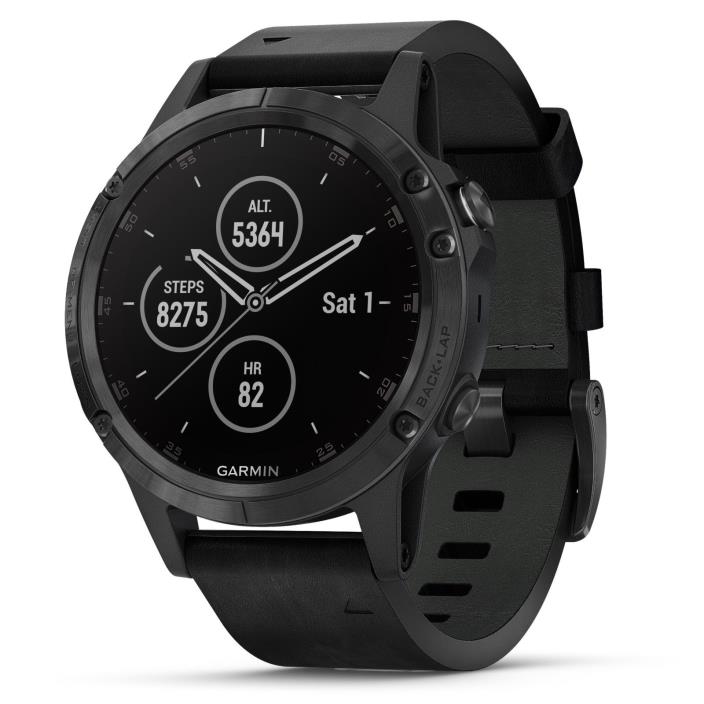 Garmin Fenix 5 Plus Sapphire GPS Watch, Black w/ Black Leather Band 010-01988-06