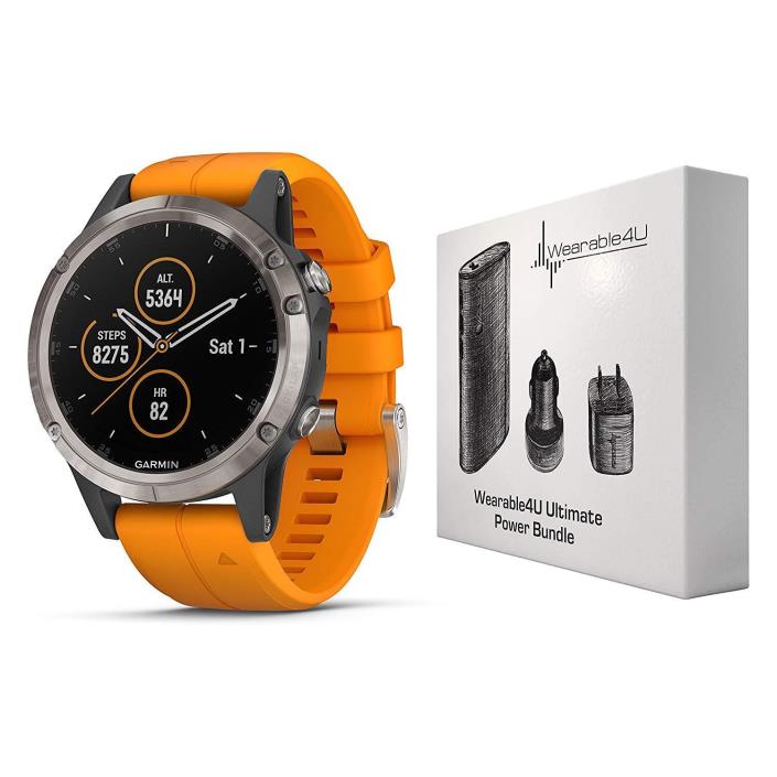 Garmin Fenix 5 Plus GPS Watch Wearable4U Titanium w/ Orange Band 010-01988-04
