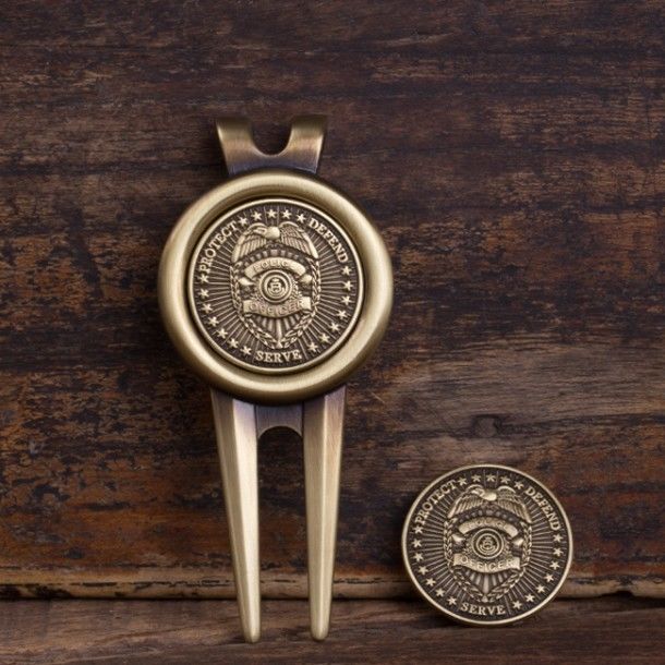 Police Golf Divot Tool and Ball Markers Antique Brass.