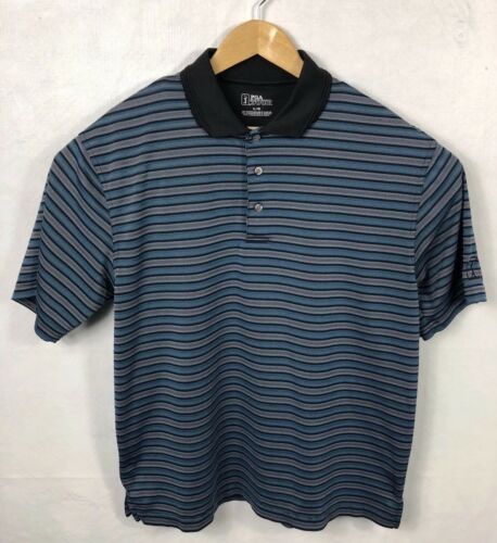 PGA Tour Men's Blue Gray Black Stripe Golf Polo Shirt Large