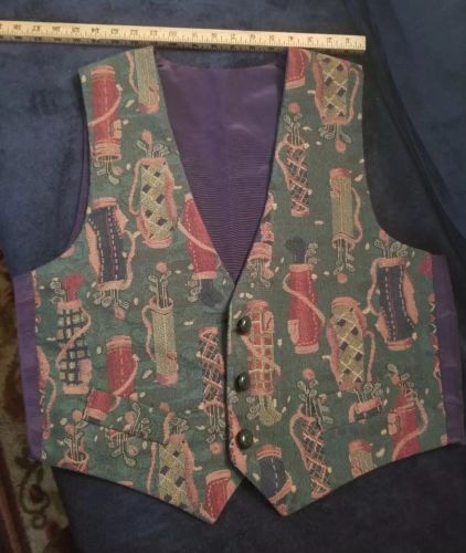 Tapestry Vest - Golf Clubs on Hunter Green Background with Purple Lining EC