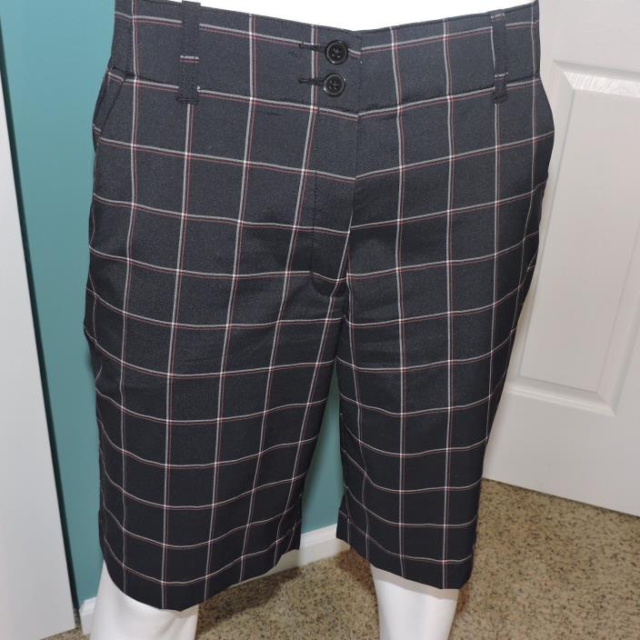 KATE LORD Flat Front Performance Golf Shorts Black/Red/White Plaid NWT MSRP $64