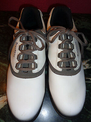 FOOTJOYS GREEN JOYS WHITE LEATHER W/GRAY SUEDE TRIM 8M W/CLEATS EXELLENT COND.