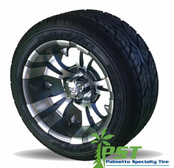 SET OF FOUR 215/40-12 Golf Cart Tires on Machined Gunmetal Vampire Style Wheels