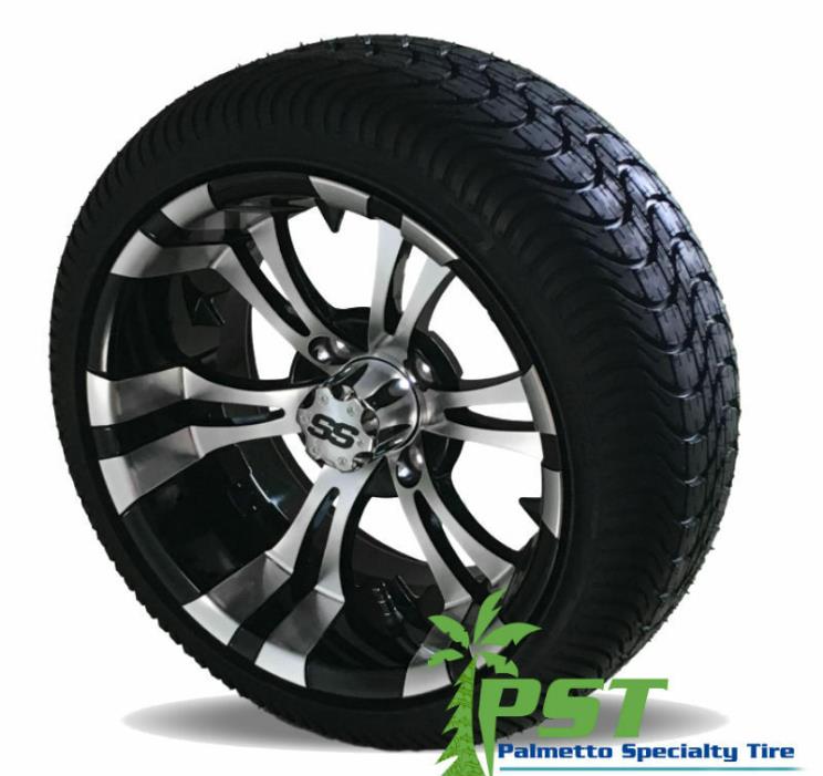 SET OF FOUR 205/30-14 Golf Cart Tires on Silver and Black VAMPIRE Wheels