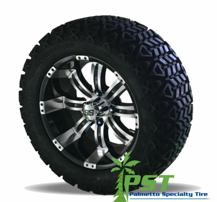SET OF FOUR 23X10-14 Golf Cart Tires on Silver & Black TEMPEST Aluminum Wheels