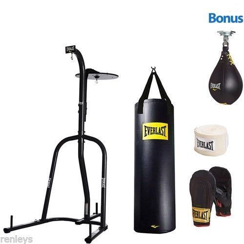 NEW Everlast Dual Station Heavy Bag Stand 100 lb Punching Bag Boxing Kit Gloves
