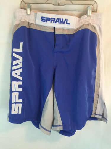SPRAWL Fusion S Mens 38 MMA Fighting Shorts White Blue Grey Sewn Wrestling Jitsu