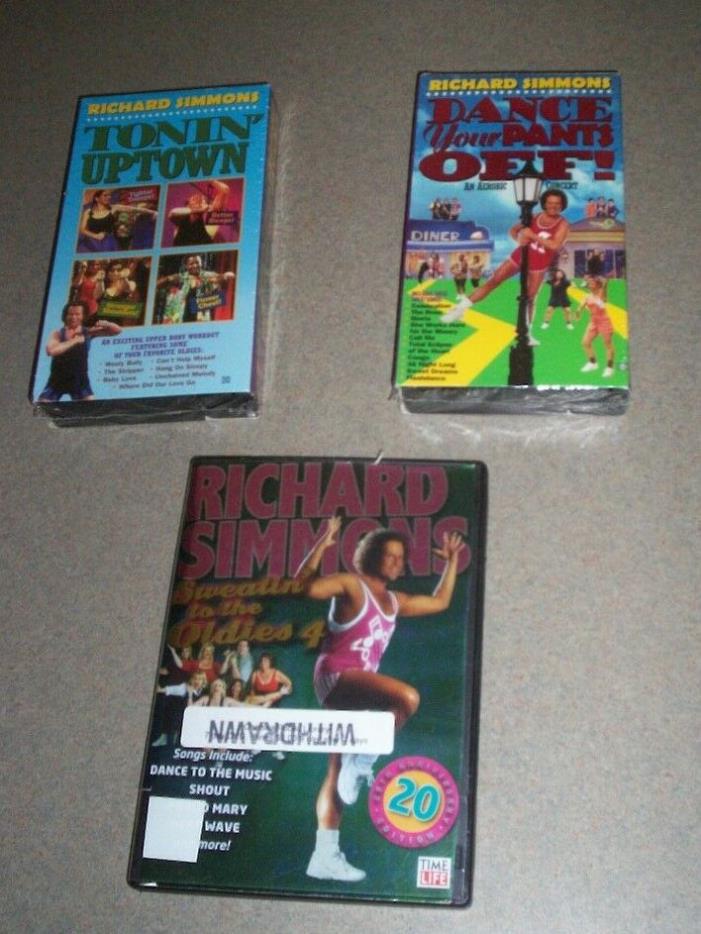 2 NEW RICHARD SIMMONS VHS TAPES & 1 DVD (PREVIOUS RENTAL FROM LIBRARY)
