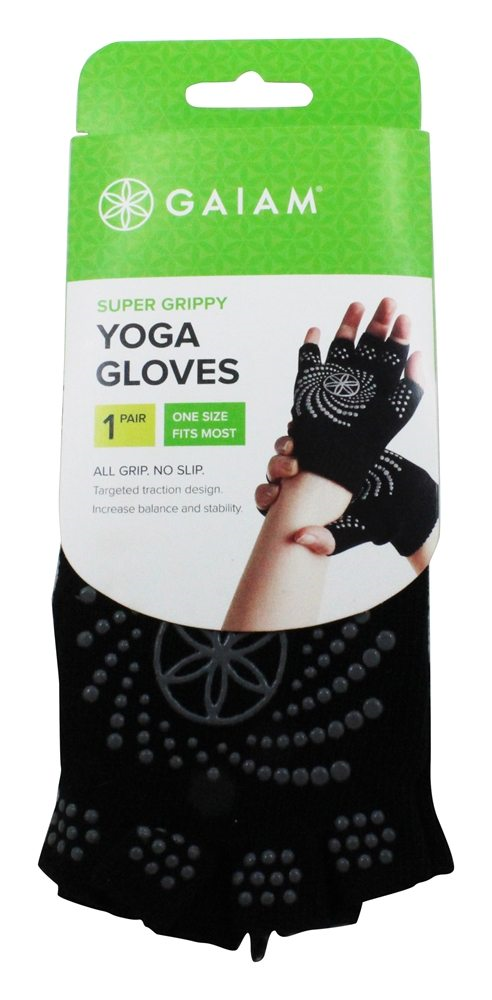 Gaiam Black Gray Super Grippy No Slip One Size Exercise Yoga Fingerless Gloves