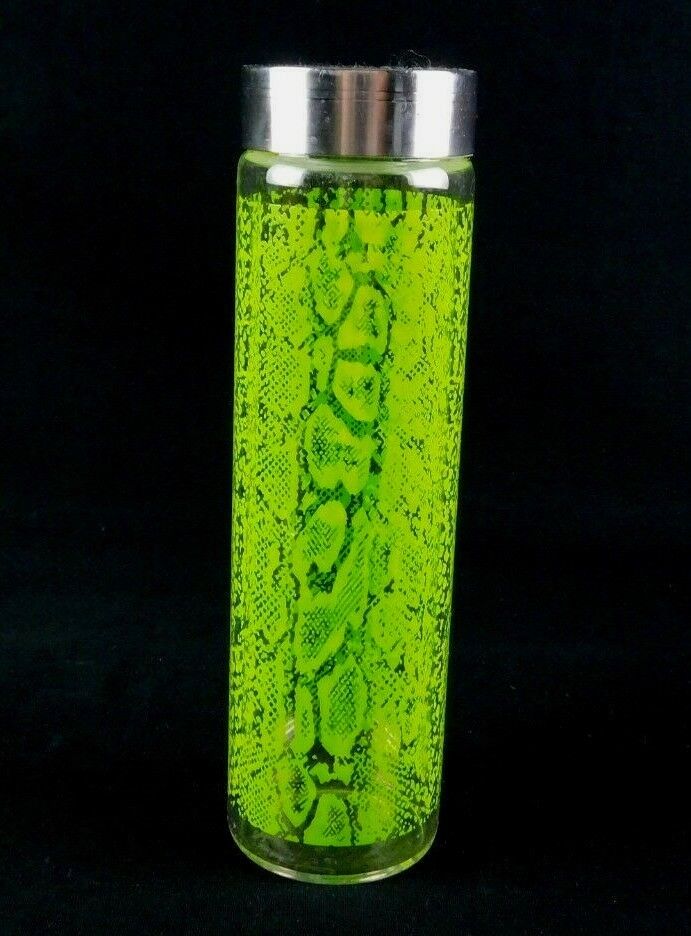 Glass Water Bottle With Metal and Glass Screw Top Lid Green Snakeskin Print Grap