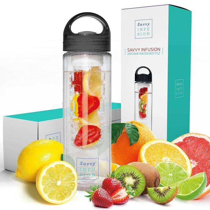 Savvy Infusion Water Bottles - 24 or 32 Ounce Fruit Infuser Bottle - Featuring