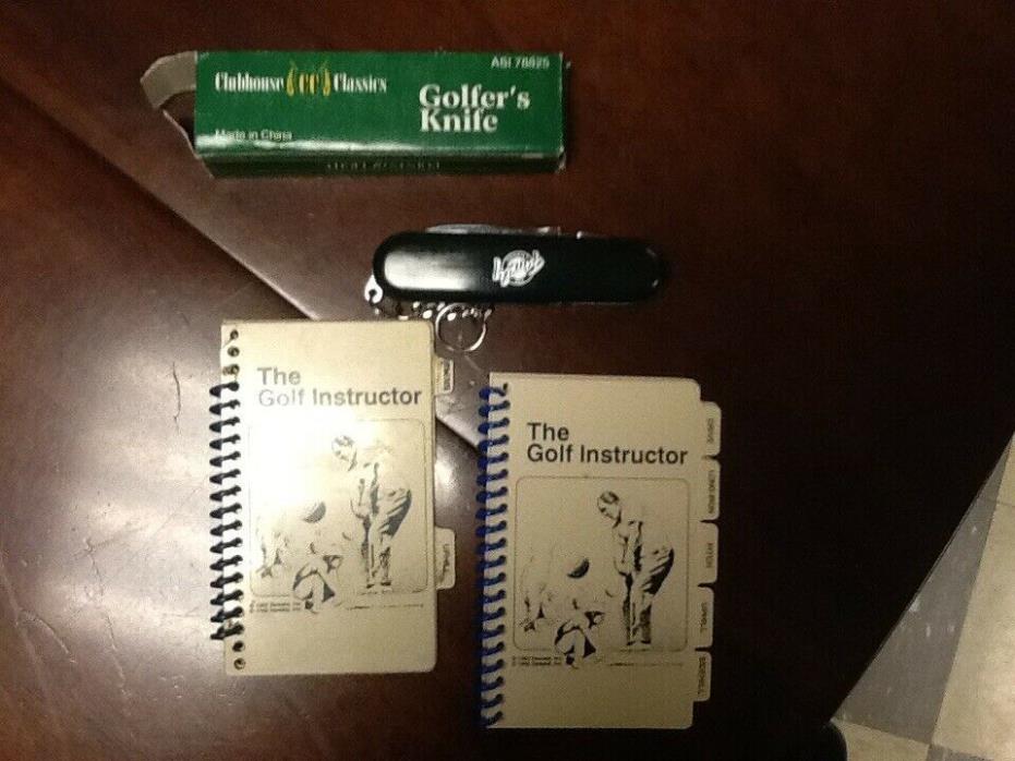 Pair of vintage Golf instructor pocket books and a golfers knife new in box